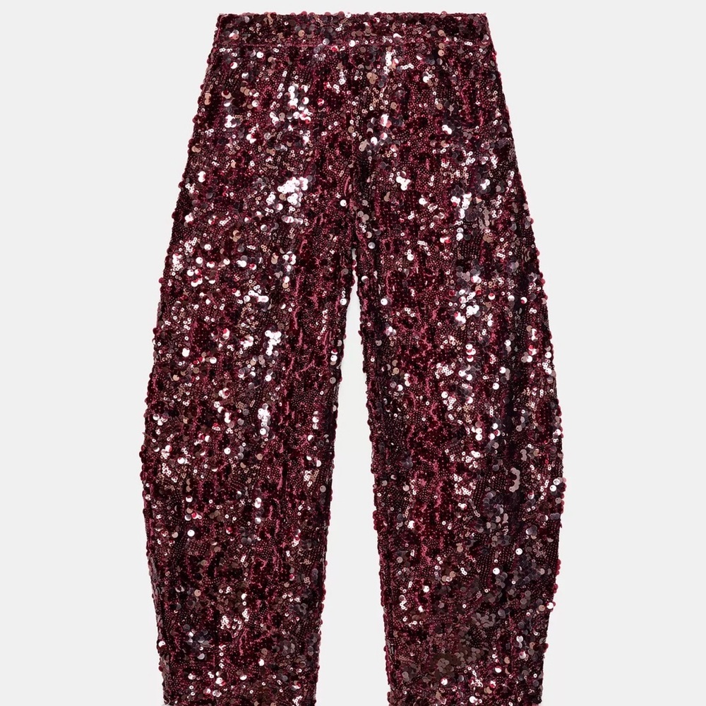 Zara Women's Sequin Barrel Pants in Maroon